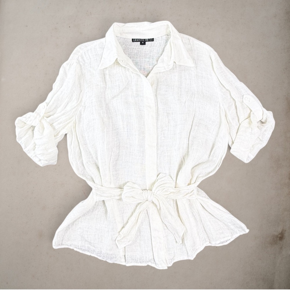 Lafayette 148 Linen Shirt Womens 14 White Coastal Cowgirl Tie Waist Roll Tab 3/4